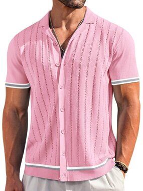 Men's Coral Pink Short Sleeve Knit Casual Button Down Vintage Striped Top Shirt